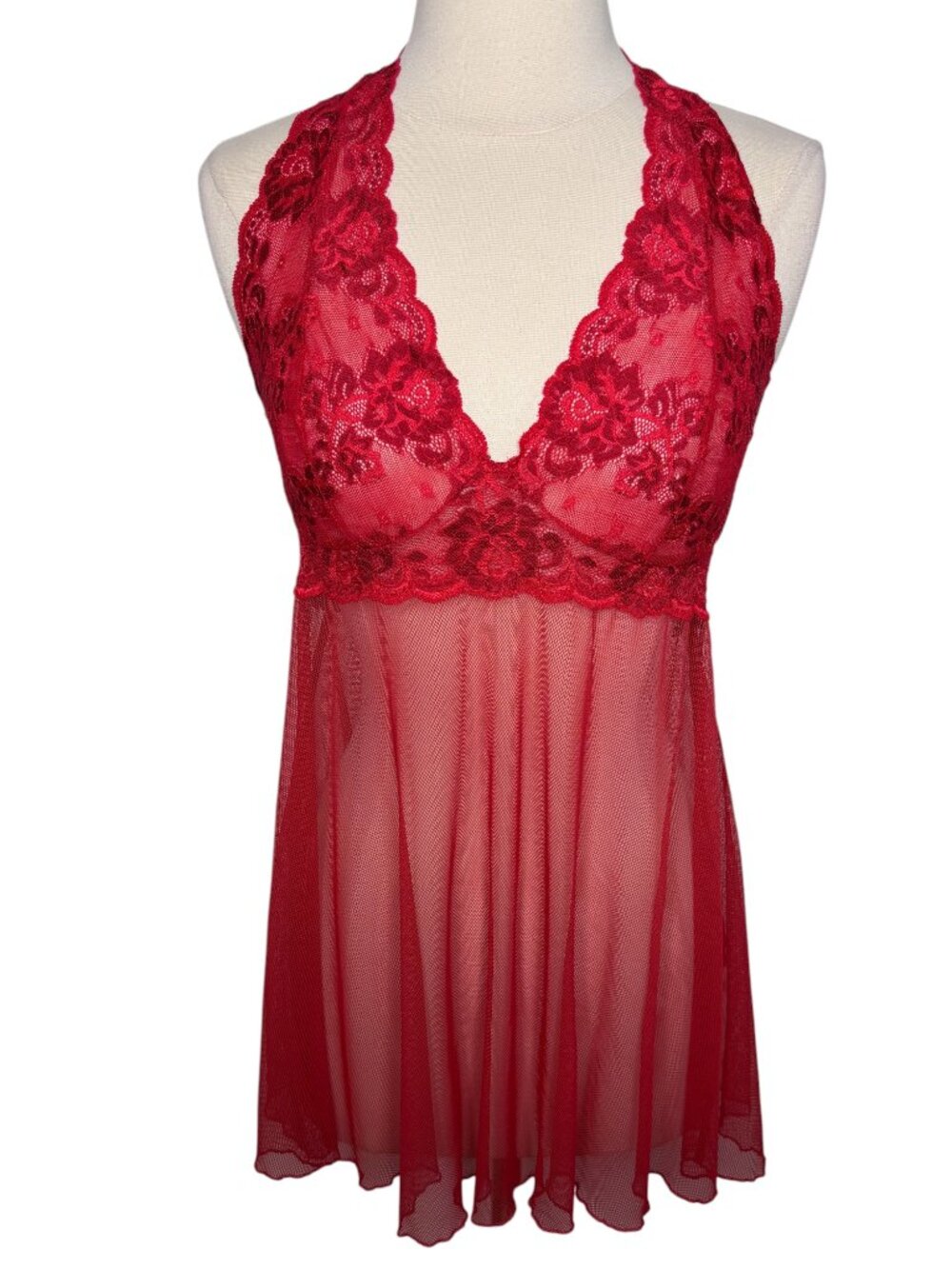 Victoria's Secret Sheer Red Lace Mesh V-Neck Halter Lingerie